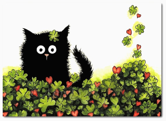 Black Cat Lucky Four Leaf Clover St Patrick's Day- Art Prints by Bihrle ck405