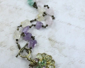 Vintage Assemblage Pastel Rhinestone Pendant Necklace with Rough Cut Quartz Beads - Chunky Gemstone Statement Necklace by Boutique Bijou
