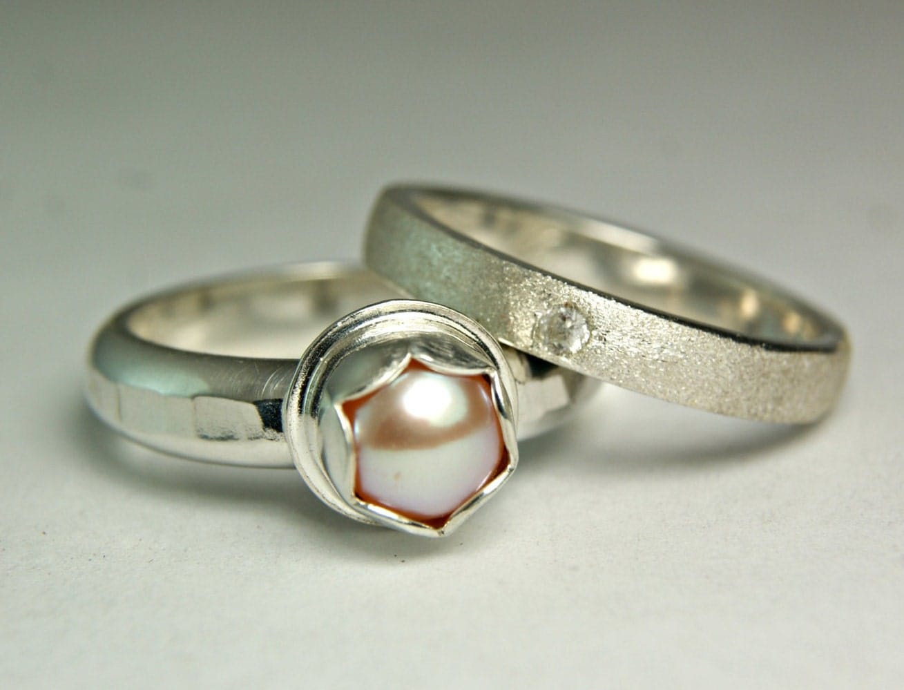 Pink Pearl Ring Hammered Band Pearl Wedding Set Bridal