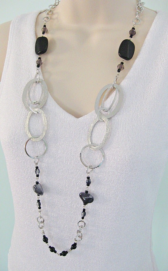 Chunky Black Beaded Necklace Chunky Silver by RalstonOriginals