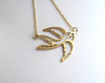 Sparrow pendant bib necklace on 14k gold plate chain, antique gold plated pendant