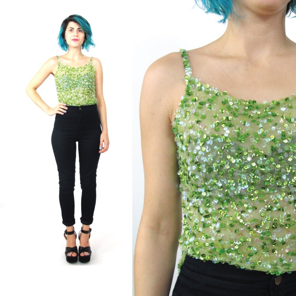 90s Sequin Tank Top Sheer Mesh Top Lime Green Crop Top Sequin 6862