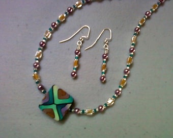 Teal, Purple, Gold and Brown Necklace and Earrings (0549)