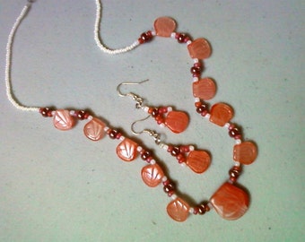 Orange, Brown and White Petal Necklace and Earrings (0490)