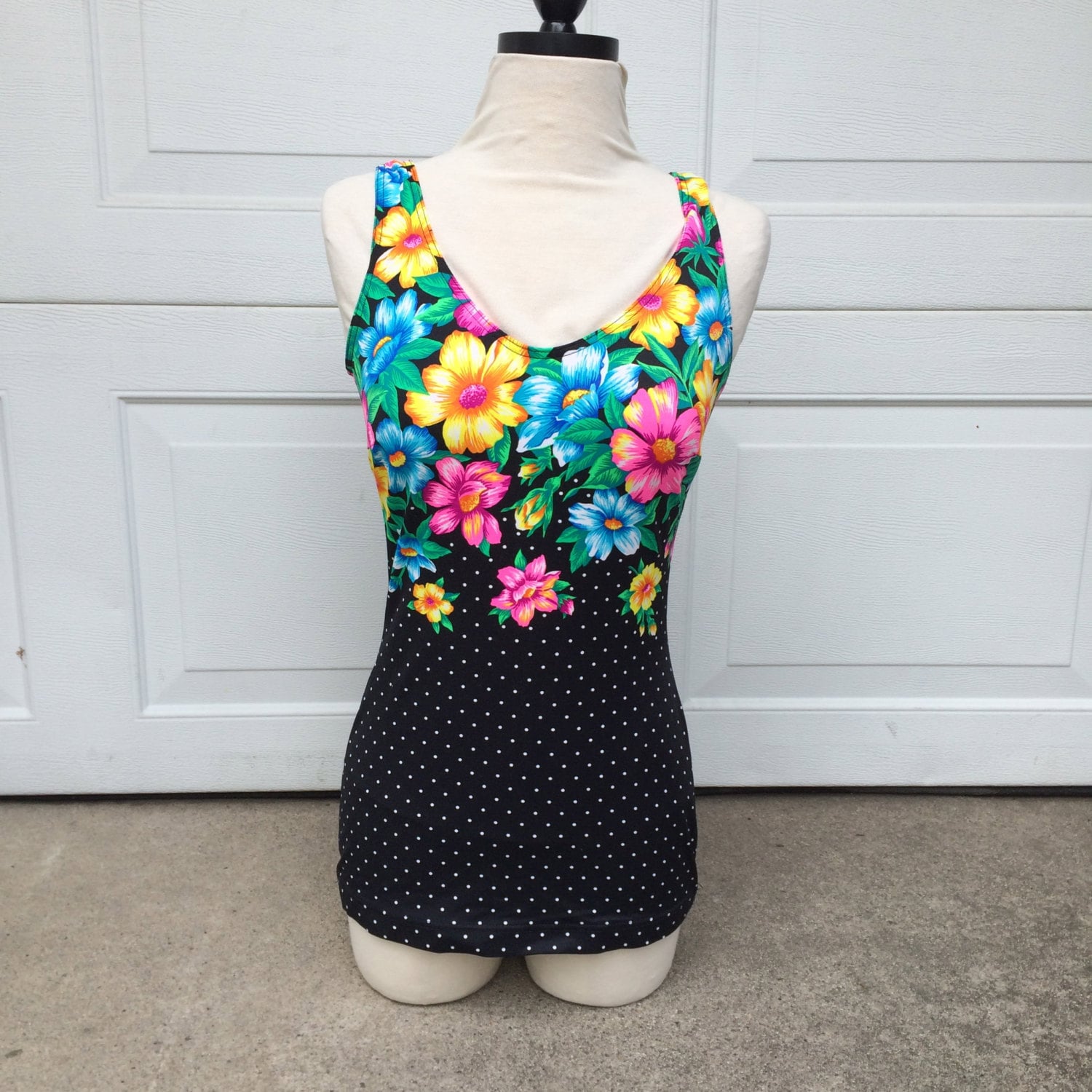 Black One Piece Modest Swimsuit 80s to 90s vintage Floral