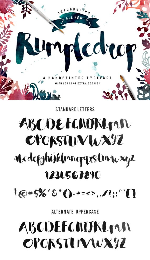 Rumpledrop brush script Typeface - Handpainted - Plus BONUS Watercolor Textures, Glitter, Foil, illustrations