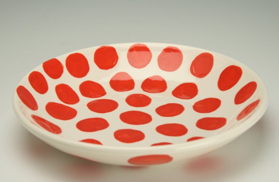 9 Pasta Bowl Red Polka Dots Hand Painted Serving and