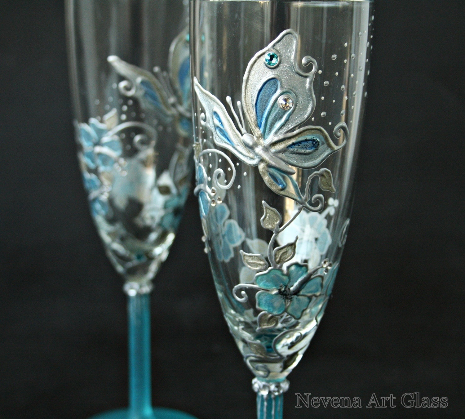 Butterfly Wedding Champagne Glasses Hand Painted in Aqua