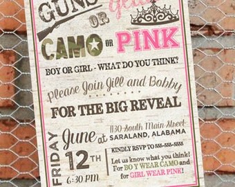 Printable Invitation – Baby - Gender Reveal Party – Guns or Glitter Gender Reveal - Camo or Pink - Personalized - DIY Invitation