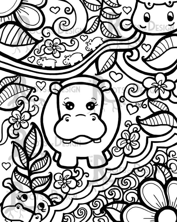 INSTANT DOWNLOAD Coloring Page Hippo Art Print zentangle