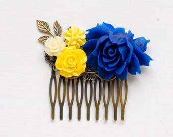 Cobalt Blue and Yellow Flower Hair Comb Blue Rose Hair Comb Cobalt Blue Wedding Bridal Hair Comb Bridesmaids Gift Something Blue
