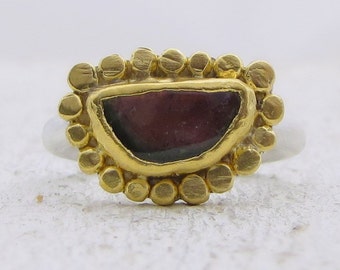 Watermelon Turmaline Ring - 24k Gold Turmaline Ring - Gold & Silver Ring - Engagement Ring - Gemstone Ring