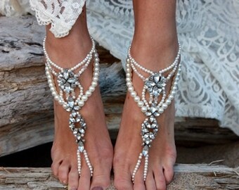 Beach Wedding Barefoot Sandals,Pearl Barefoot Sandals,Bridal Jewelry Barefoot Sandals,Pearl and Rhinestone Beach Wedding,BAO design