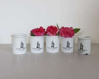 French Antique Apothecary Jars, Apothecary Pots, Porcelain, Aix En Provence in Black and White Sarreguemines, Set of 5