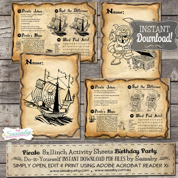 Pirate Birthday Activity & Coloring Sheets/Placemats - INSTANT DOWNLOAD - Birthday Party Decorations by Sassaby Il_570xn