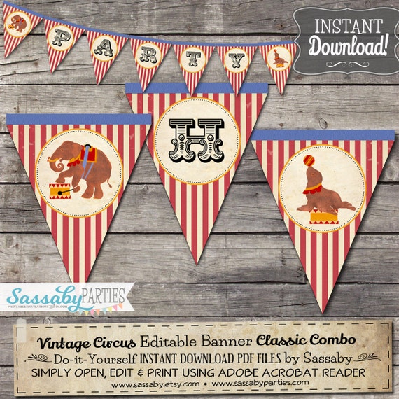 Vintage Circus Party Banner - INSTANT DOWNLOAD - Editable & Printable Classic Combo Birthday Decorations, Decor, Bunting by Sassaby Parties Il_570xn