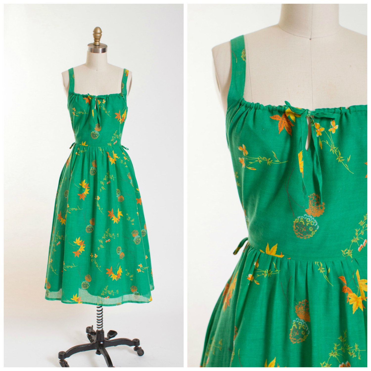 Vintage 1970s Dress Green Leaf Print Cotton 70s Vintage Summer Dress ...