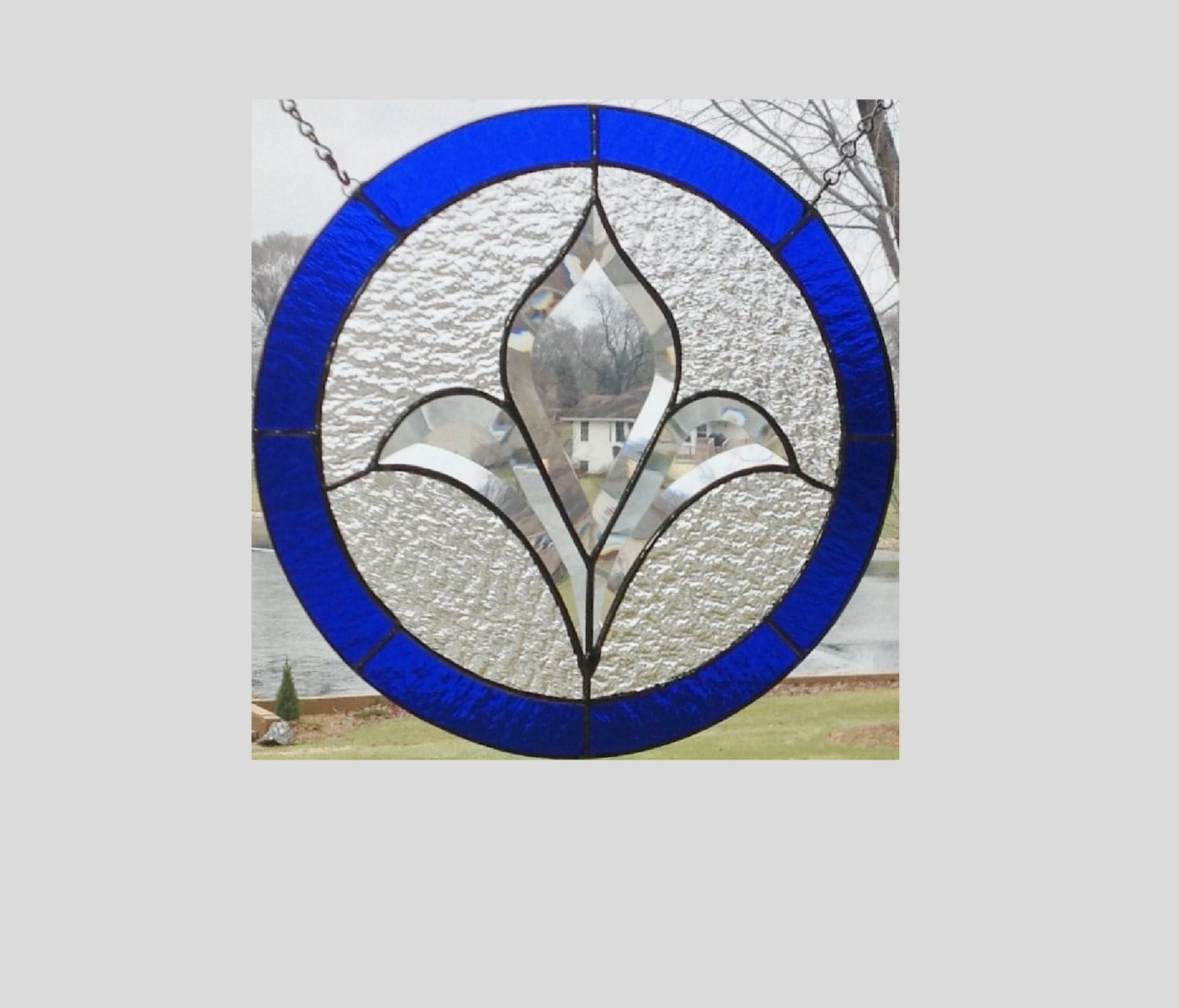 Stained glass window panel bevel cluster dark blue round