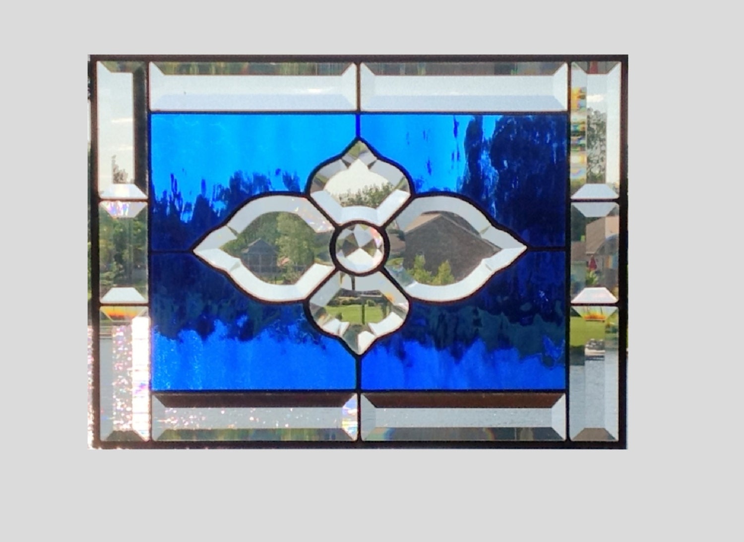 Bevel Cluster Stained Glass Window Panel Blue And Clear 4596