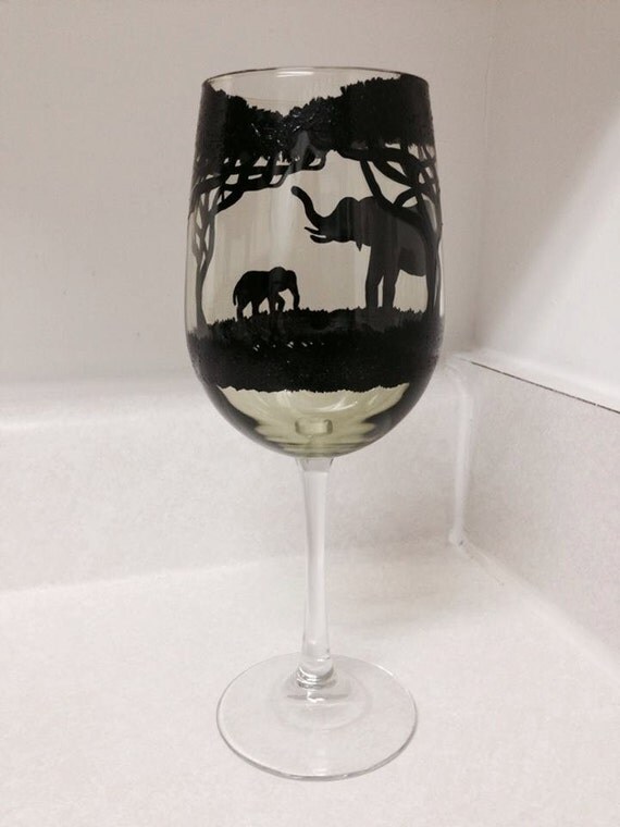 Hand painted elephant wine glass green tinted wine glass