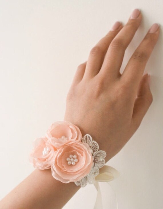 Peach Flower Wrist Corsage Wedding Floral Bracelet Prom