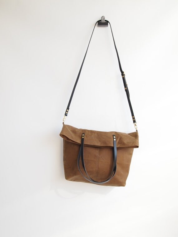 Fold 0ver Waxed CANVAS and LEATHER Tote Bag Tan MAREE by byHOLM