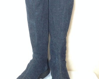 MINT. Vintage CHANEL mid high, black leather and denim combination long boots with CC mark. Leather lining. Very sexy boots. US7 ~ 7.5