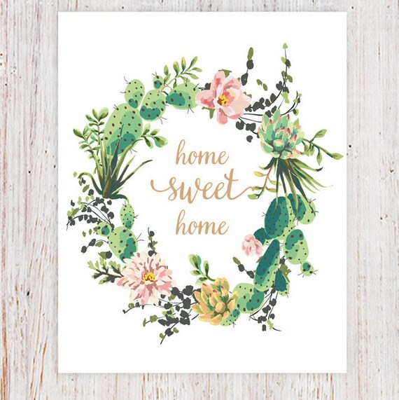 Home Sweet Home Print, Succulent Watercolor Wreath, Floral Quote