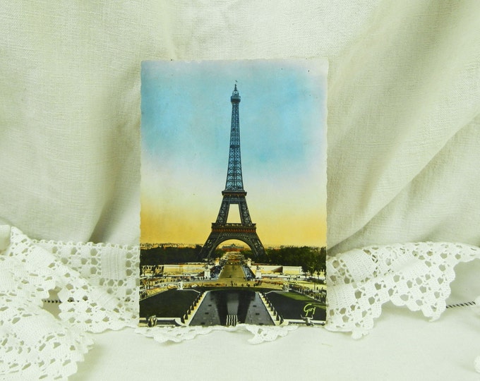 Vintage Unused Mid Century Colored Black and White Postcard of the Eiffel Tower in Paris France, Parisian Retro Vintage Home Decor
