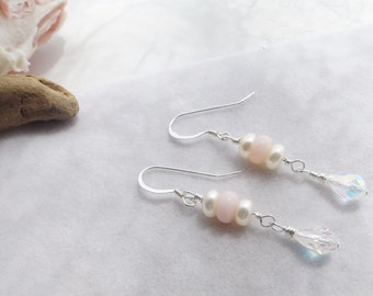 Pearl, Peruvian Opal, Crystal Drop, Dangle Earrings for Weddings, Special Occasions, Mother's Day, Easter, Spring, Summer, Gift for Her