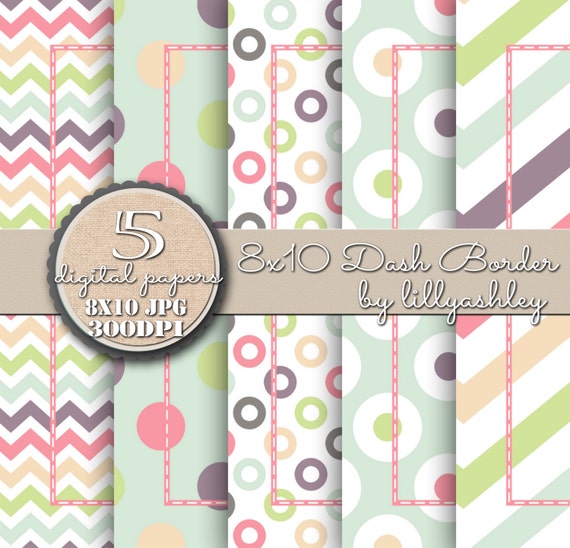 8X10 Dash Border Downloadable Digital Paper Pack of by LillyAshley