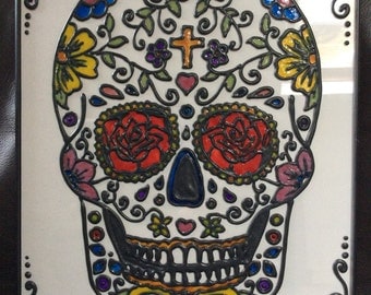 Dia de Los Muertos Day of the Dead Sugar Skull Glass Art Painting in Frame