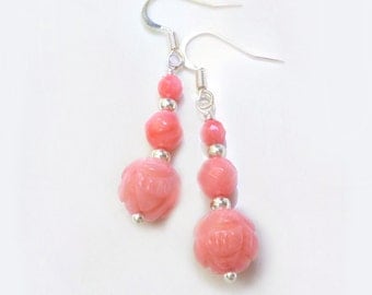 Pink Coral Earrings - Beaded Coral Earrings - Carved Coral Earrings - Dangle Earrings -Bridesmaid Gift -Coral Jewelry -Beach Wedding Jewelry
