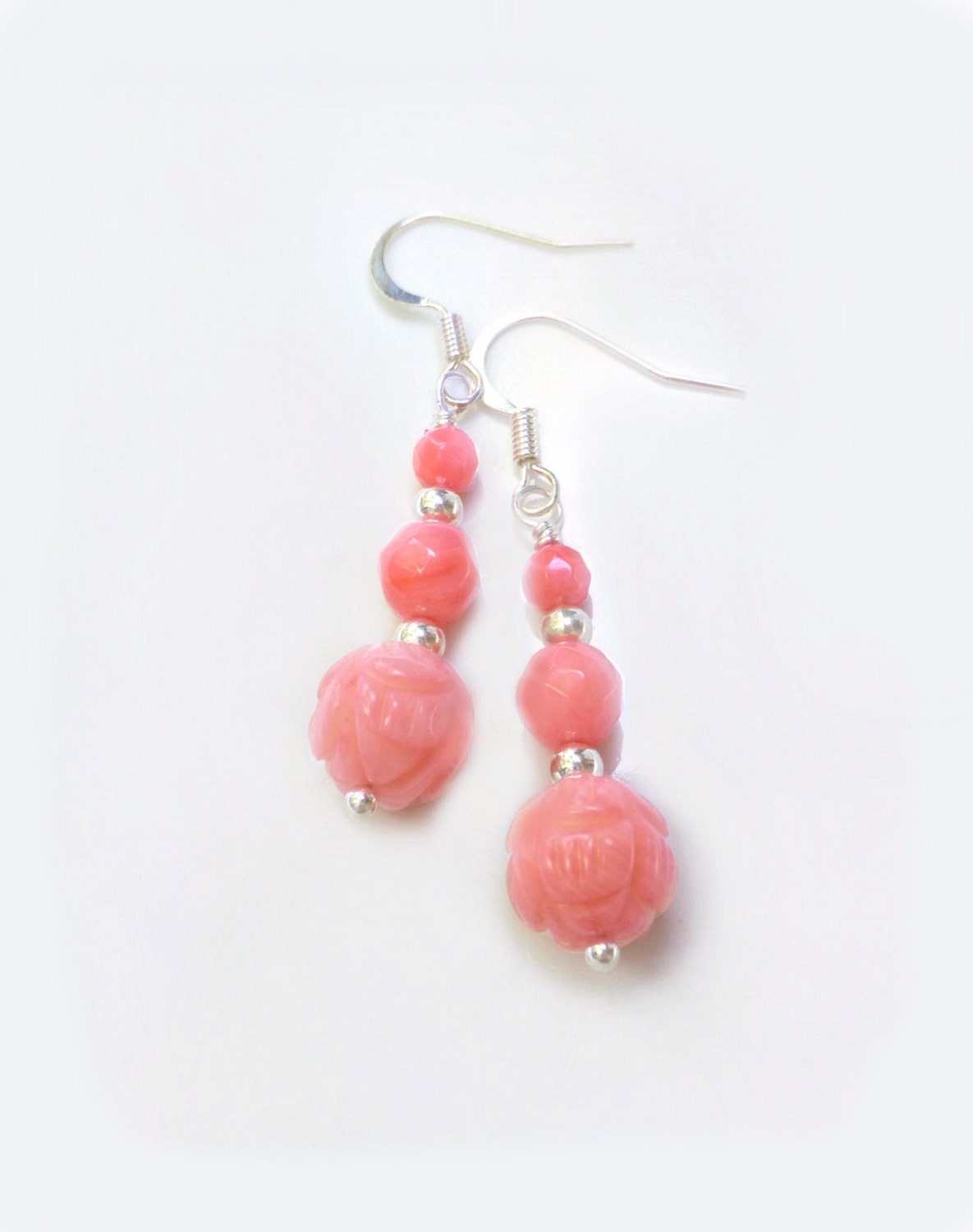 Pink Coral Earrings Beaded Coral Earrings Carved Coral