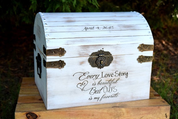 Lockable White Distressed Large Wooden Card Box - Rustic Wedding Decor - Wedding Card Box - Rustic Wedding Every Love Story Card Box by CountryBarnBabe