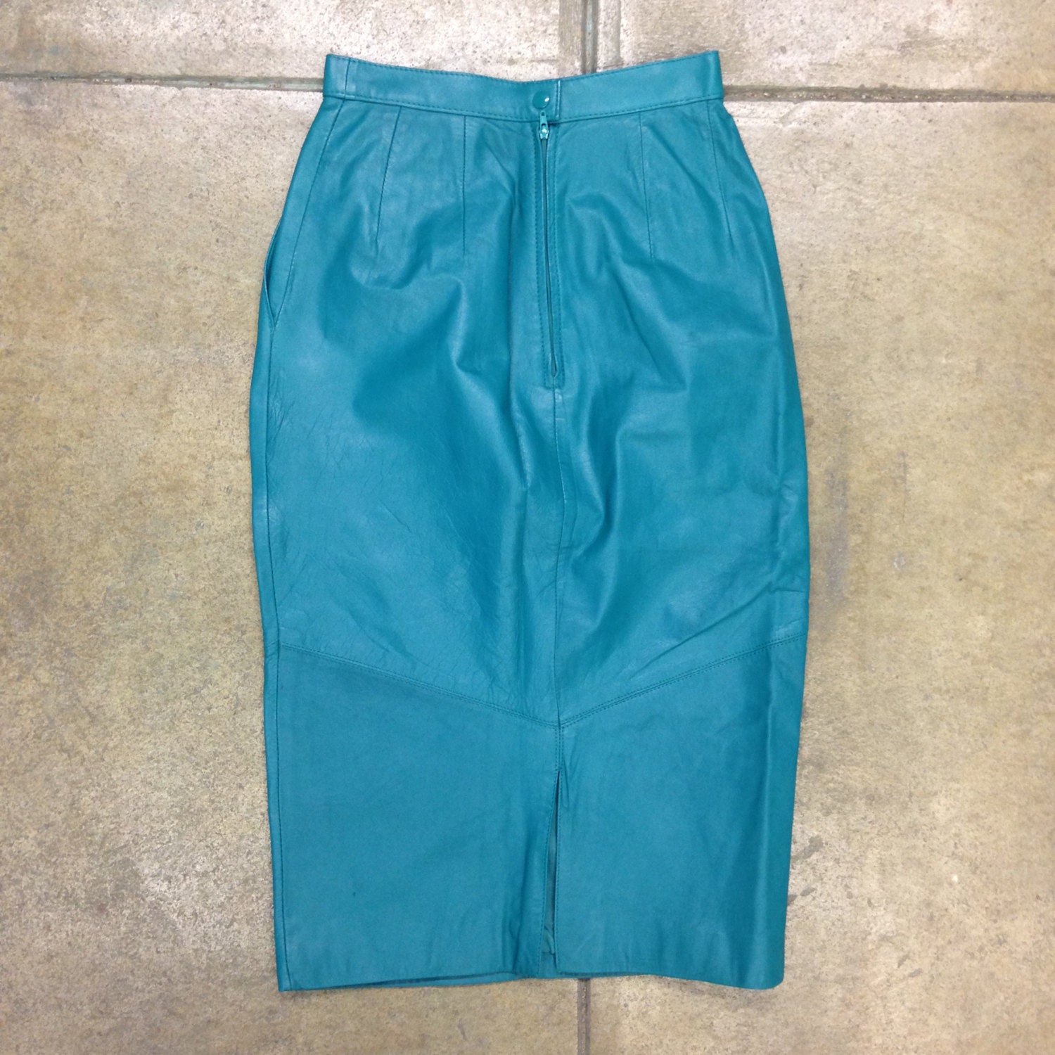 Vintage Women's Pelle Cuir Turquoise Leather Skirt Size 4