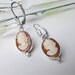 1930s Deco 14K Cameo & Genuine Diamond Drop Earrings, Hand Carved Shell, Set in White Gold, Torre Del Greco, Italy.