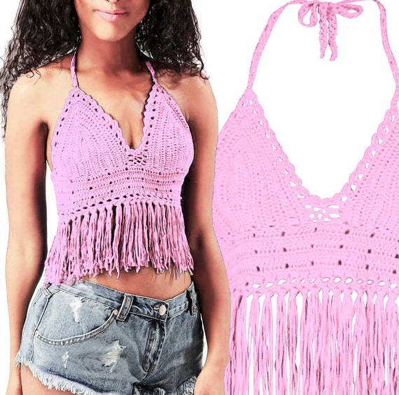 Light Pink Crochet Halter Top / Hippie Crop Top / Halter Tank