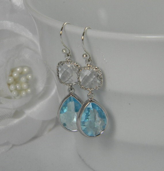 Aqua Blue / Clear Glass TearDrop Earrings by BridalTreasures4U