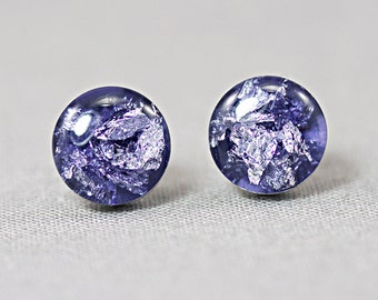Purple Eco Resin Stud Earrings with Fine Silver Flakes