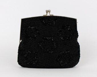 Black Beaded Evening Bag - Vintage 1960s Beaded Black Clutch - Beaded Purse by Du Val