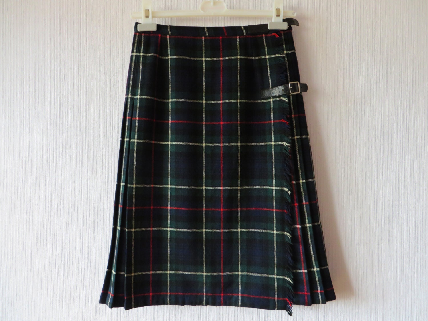 Green Tartan Skirt Green Black Wool Scottish Kilt Wrap Skirt