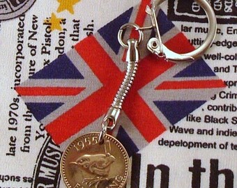 1955 British Farthing Coin Keyring Key Chain Fob Queen Elizabeth II Wren
