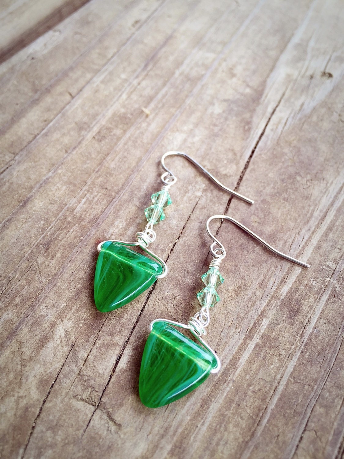 Simple Green Earrings with Triangle Glass Bead and by JuJusJangles