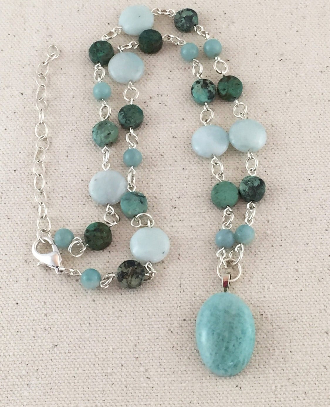 Turquoise Amazonite Pendant Necklace on Beaded Strand of