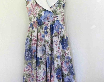1980s Floral Dress Summer Dress Cotton Chintz Dress Sleeveless Dress 1980's Garden Party Dress