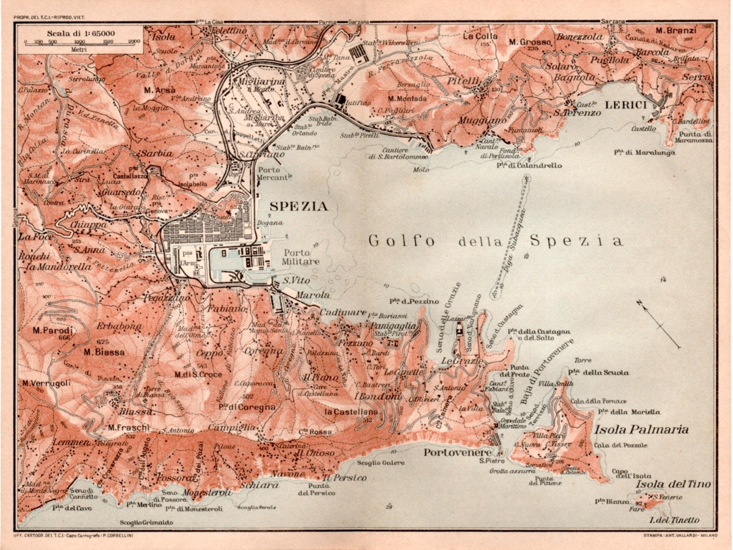 1916 La Spezia Italy Antique Map Vintage Lithograph by Craftissimo