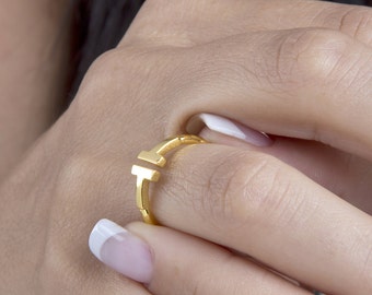 T silver ring Parallel bar ring Rose gold ring silver ring T Rose T ring Bar Ring Double Bar T ring Letter T Silver ring