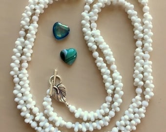 Vintage Very Long White Milk Glass Necklace - Repurposed Vintage Beaded Necklace 46 Inches