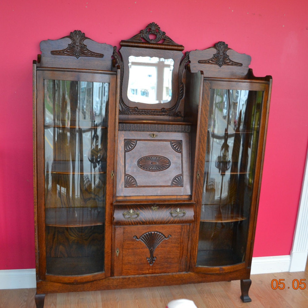 Unusual Antique Double Bookcase Secretary Desk, Quarter ...